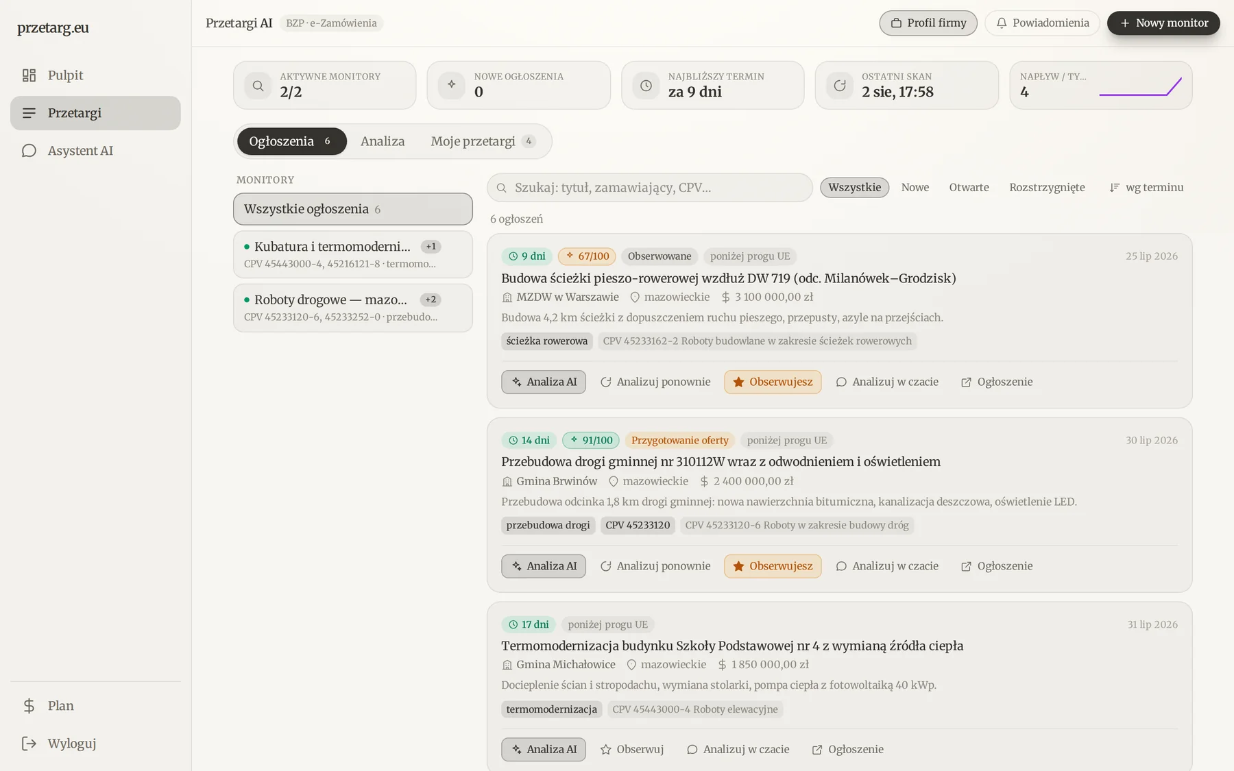 Panel przetarg.eu – lista ogłoszeń z monitorów z ocenami fit-score AI, terminami i akcjami